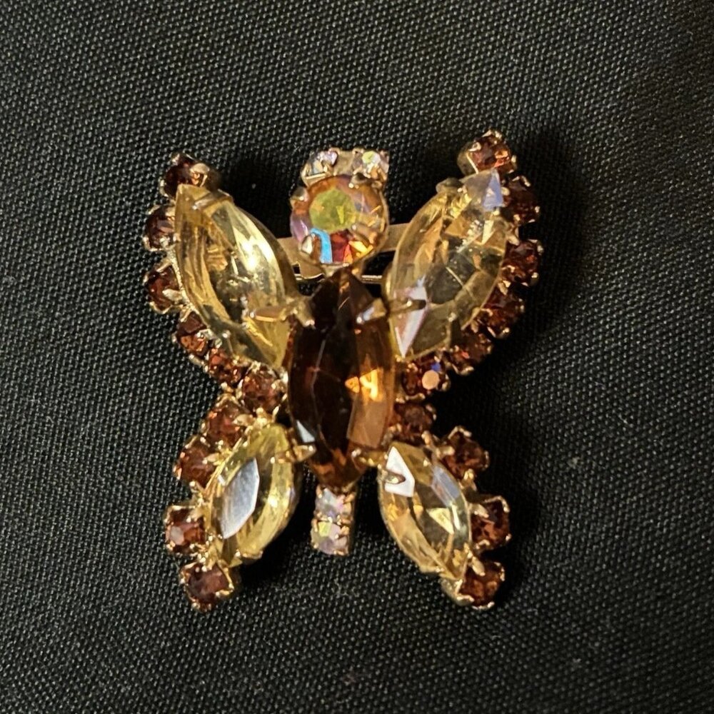 Verified Vintage Juliana by D & E Butterfly Brooch-Amber Topaz AB Rhinstone1960s